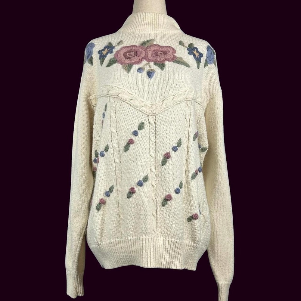 Vintage Alfred Dunner Grandma Sweater Floral Embroidered Womens L XL Cottage